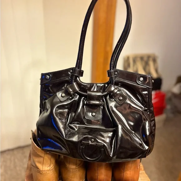 Authentic Salvatore Ferragamo Black Patent Leather Celtico Satchel